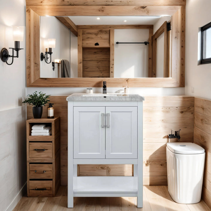 Affinity 25 in. W x 22 in. D x 36 in. H Single Sink Freestanding Bath Vanity in White with Carrara Marble Top - Design Element Bath Kitchen - Bathroom Vanity - 