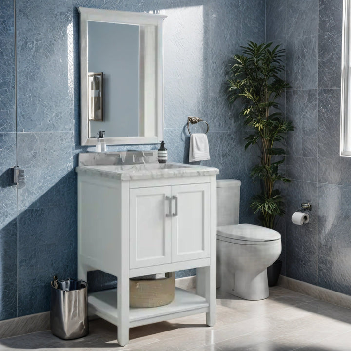 Affinity 25 in. W x 22 in. D x 36 in. H Single Sink Freestanding Bath Vanity in White with Carrara Marble Top - Design Element Bath Kitchen - Bathroom Vanity - 