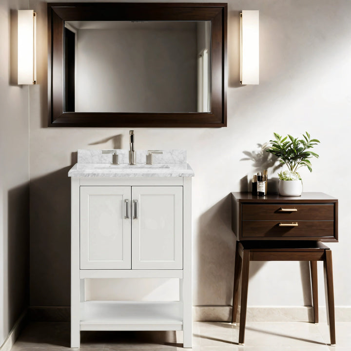 Affinity 25 in. W x 22 in. D x 36 in. H Single Sink Freestanding Bath Vanity in White with Carrara Marble Top - Design Element Bath Kitchen - Bathroom Vanity - 