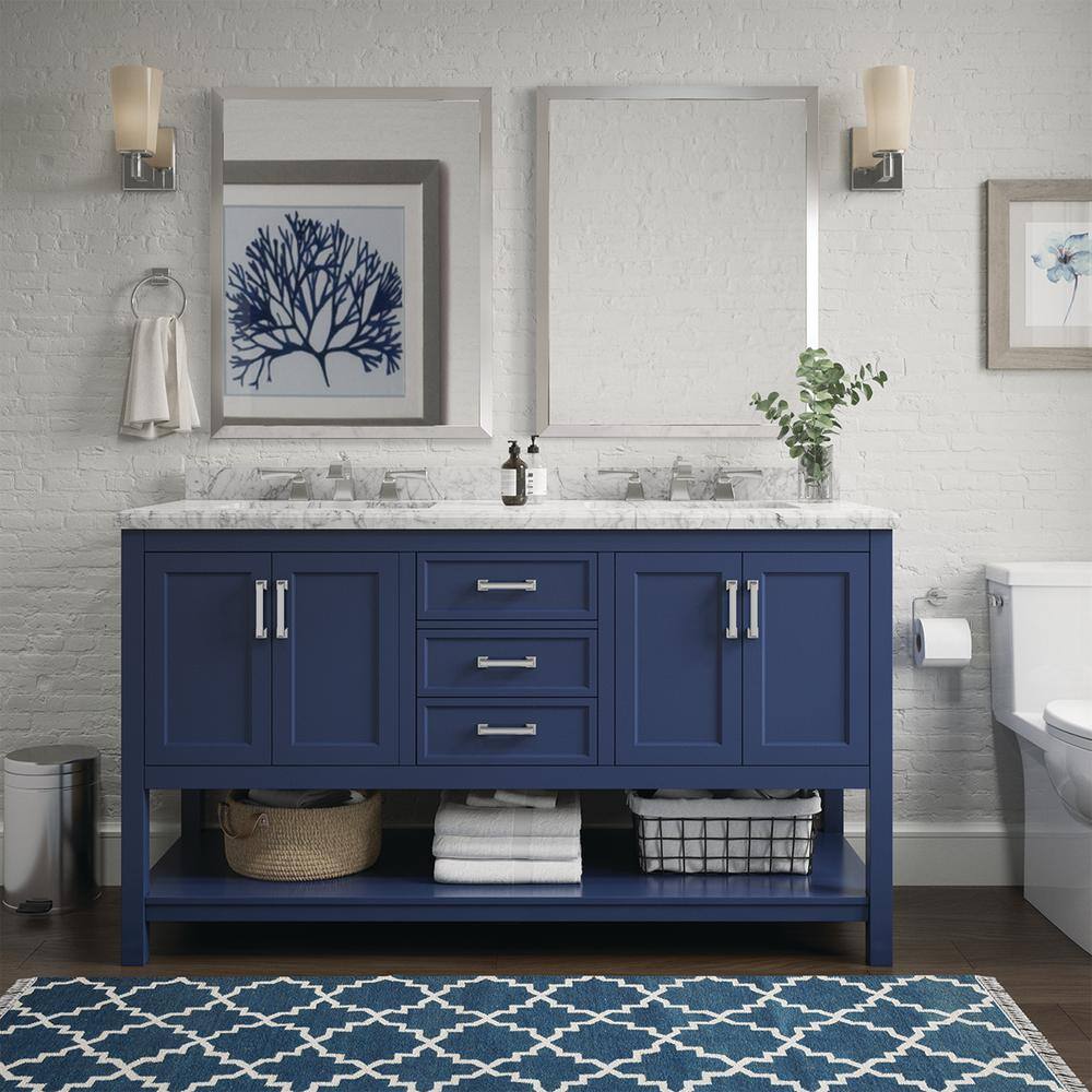 Affinity 61" Double Sink Vanity with White & Gray Carrara Marble Top - Design Element Bath Kitchen - Bathroom Vanity - White