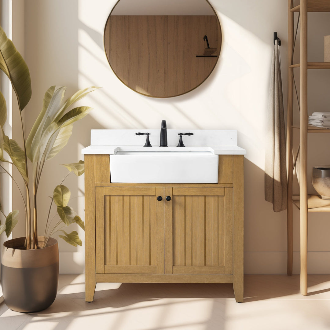 Burbank 36" Single Sink Vanity with Quartz Top - Design Element Bath Kitchen - Bathroom Vanity - Golden Oak with Matte Black Hardware