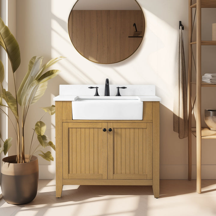 Burbank 36" Single Sink Vanity with Quartz Top - Design Element Bath Kitchen - Bathroom Vanity - Golden Oak with Matte Black Hardware