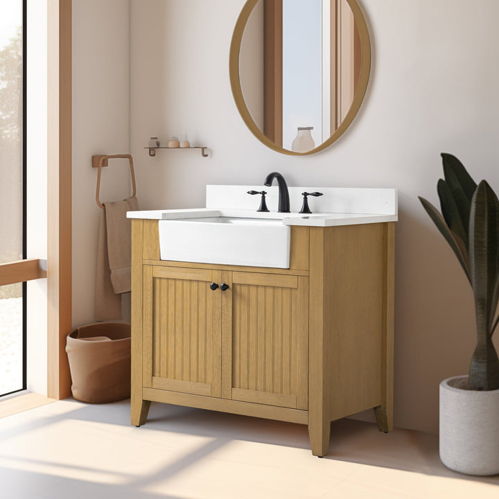 Burbank 36" Single Sink Vanity with Quartz Top - Design Element Bath Kitchen - Bathroom Vanity - Golden Oak with Matte Black Hardware