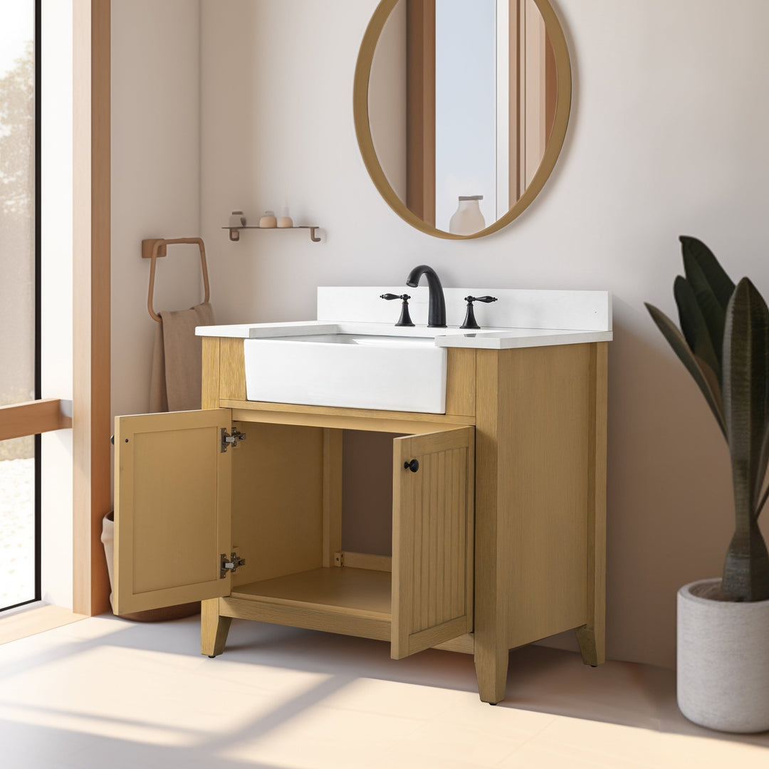 Burbank 36" Single Sink Vanity with Quartz Top - Design Element Bath Kitchen - Bathroom Vanity - Golden Oak with Matte Black Hardware