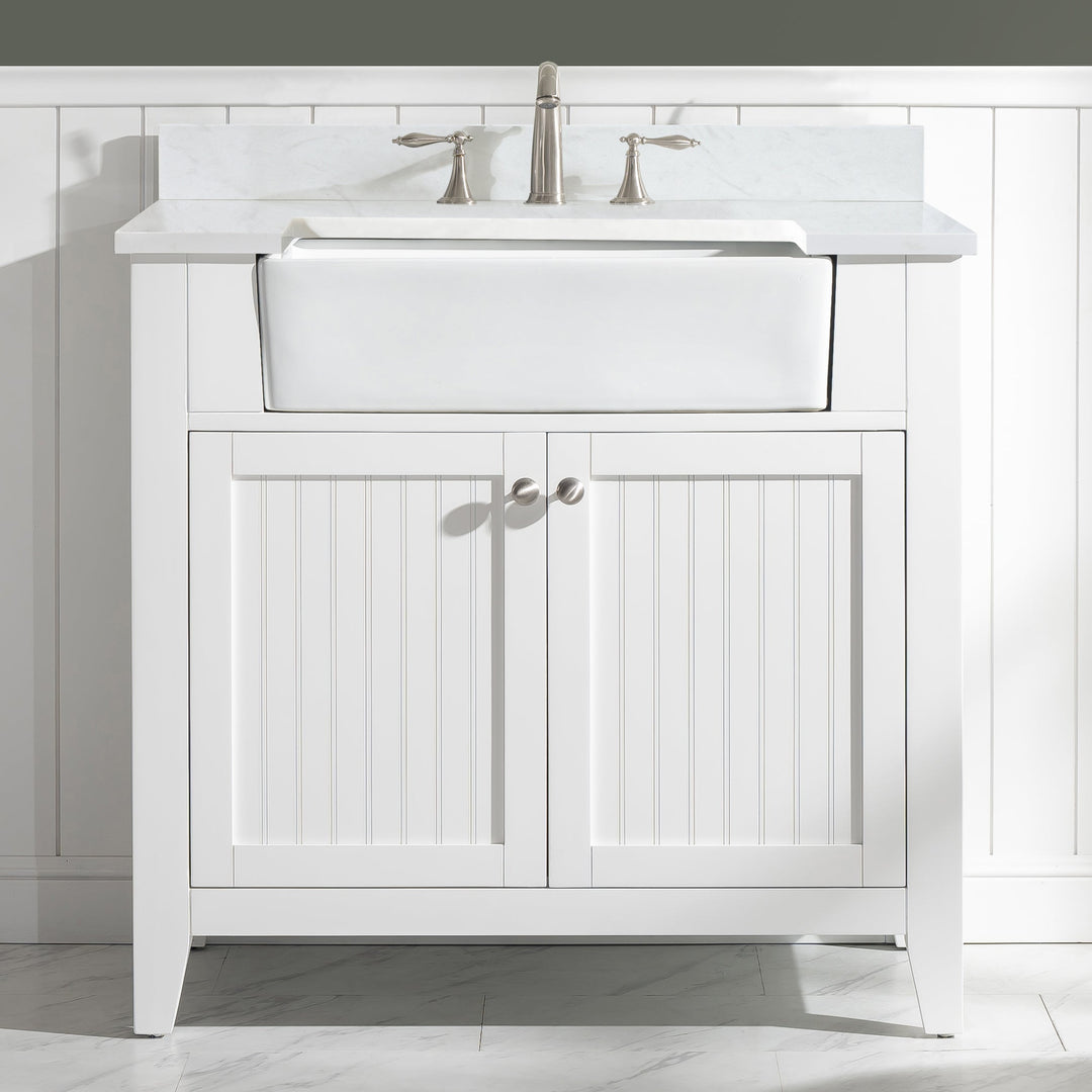 Burbank 36" Single Sink Vanity with Quartz Top - Design Element Bath Kitchen - Bathroom Vanity - White with Silver Satin Hardware