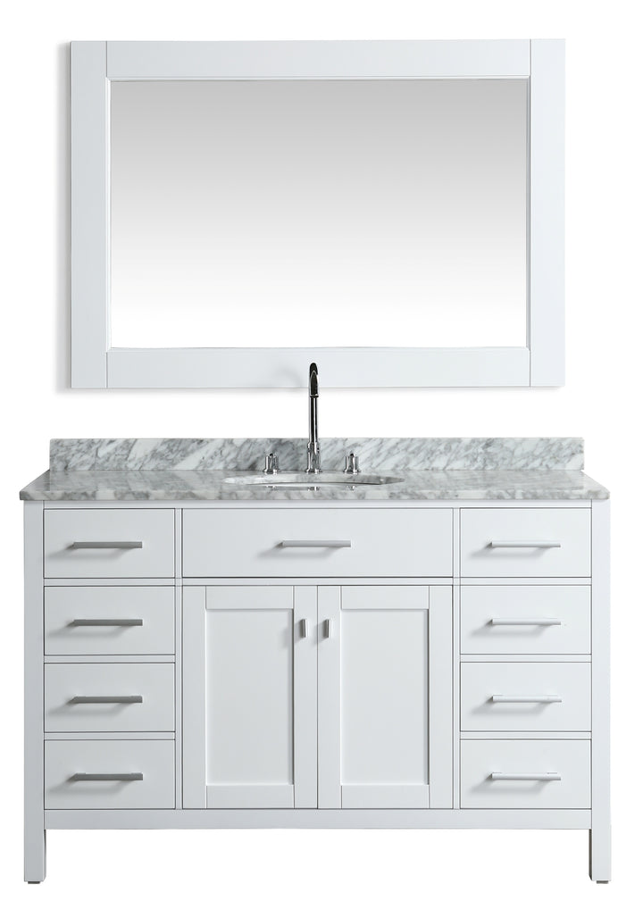 London 54" Single Sink Vanity in White with Marble Vanity Top with Matching Mirror - Design Element Bath Kitchen - Bathroom Vanity - 