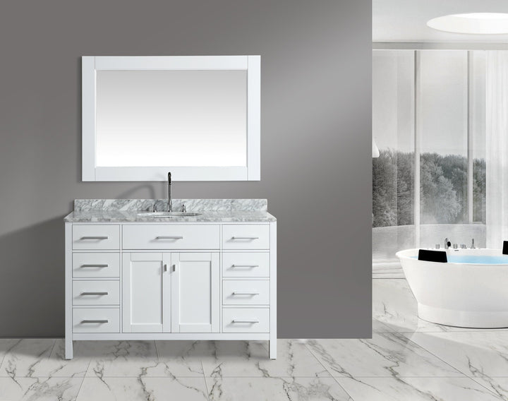 London 54" Single Sink Vanity in White with Marble Vanity Top with Matching Mirror - Design Element Bath Kitchen - Bathroom Vanity - 