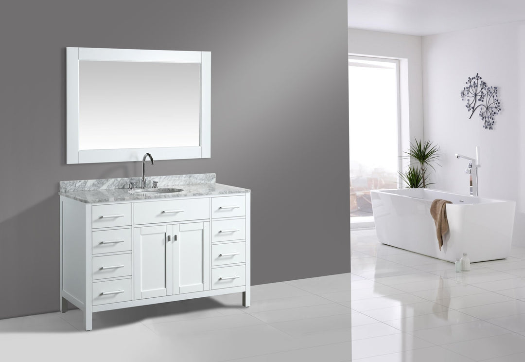 London 54" Single Sink Vanity in White with Marble Vanity Top with Matching Mirror - Design Element Bath Kitchen - Bathroom Vanity - 