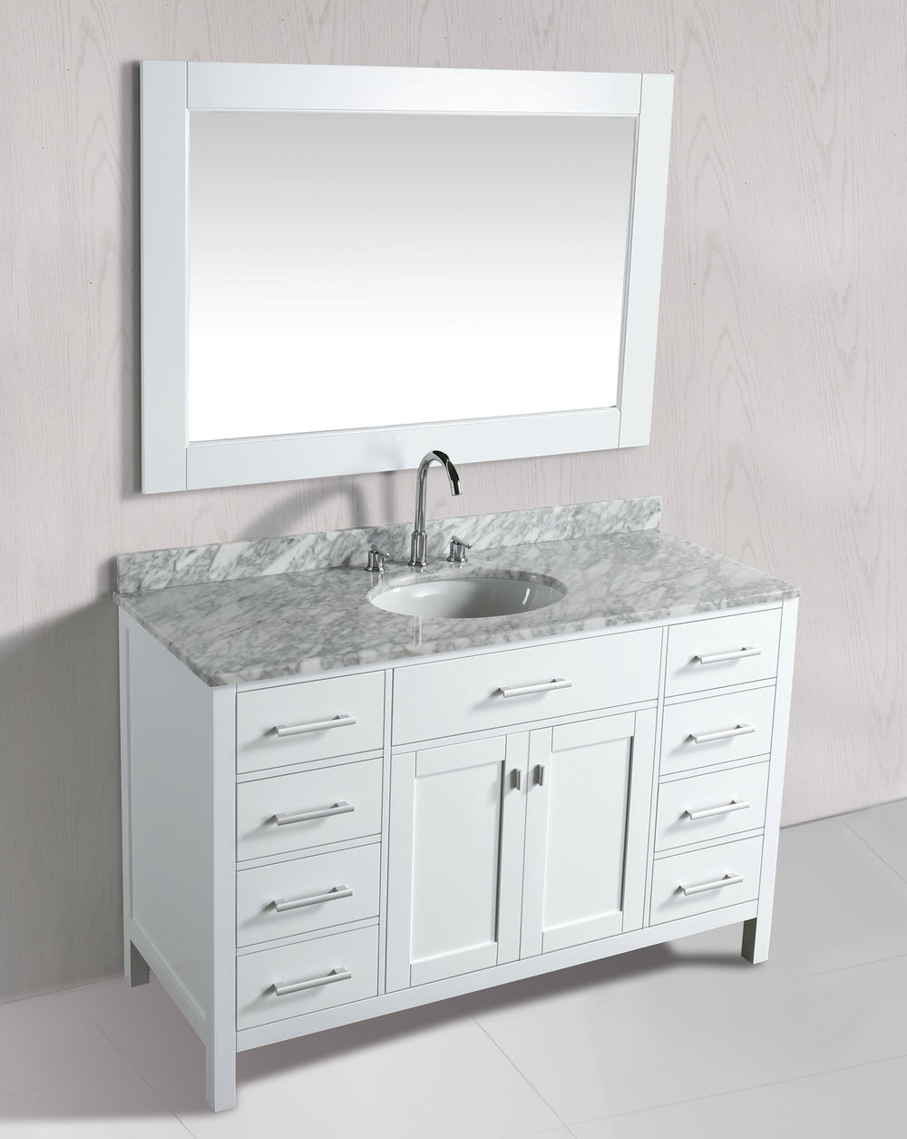 London 54" Single Sink Vanity in White with Marble Vanity Top with Matching Mirror - Design Element Bath Kitchen - Bathroom Vanity - 