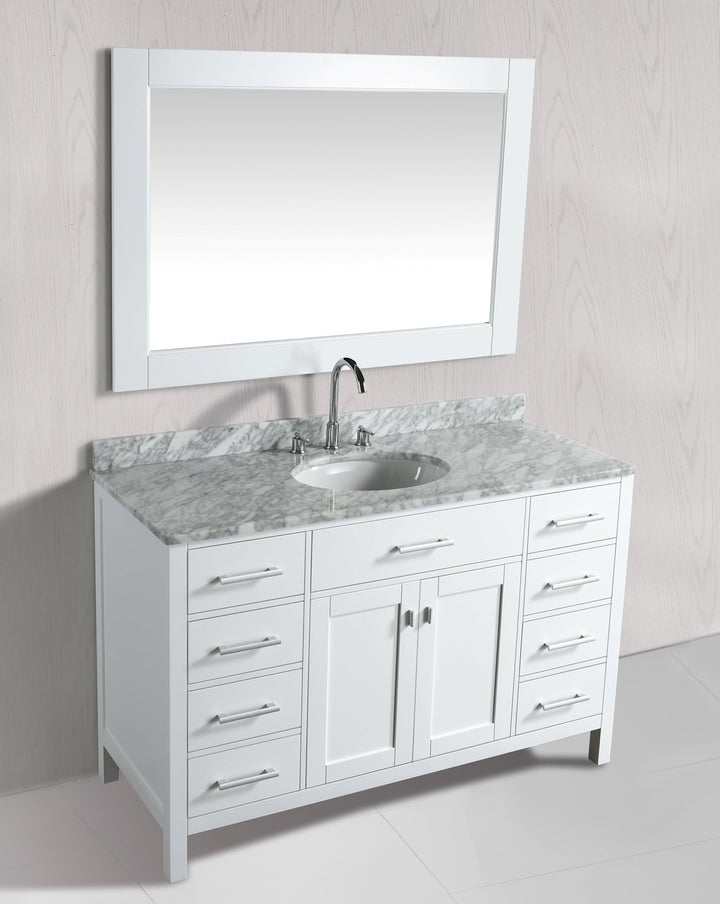 London 54" Single Sink Vanity in White with Marble Vanity Top with Matching Mirror - Design Element Bath Kitchen - Bathroom Vanity - 
