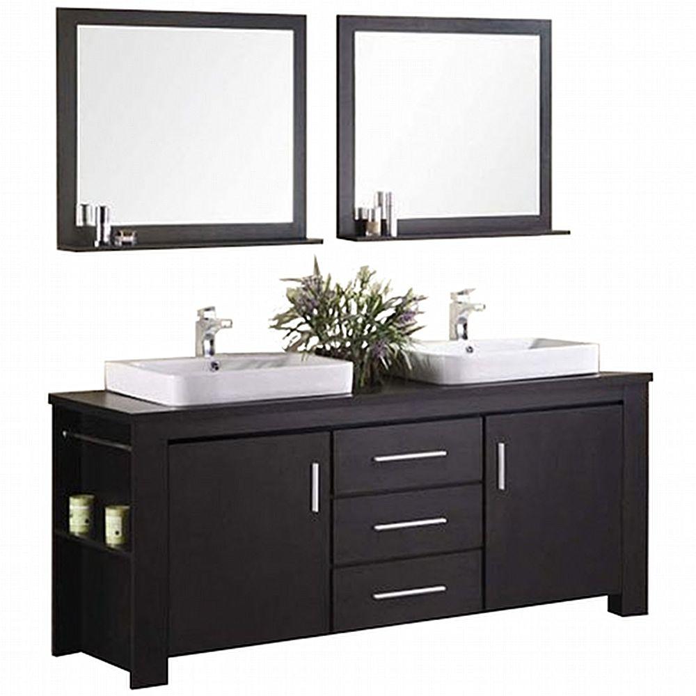 Washington 72" Double Sink Vanity with Wood Vanity Top and Mirror - Design Element Bath Kitchen - Bathroom Vanity - Espresso with Silver Satin Hardware