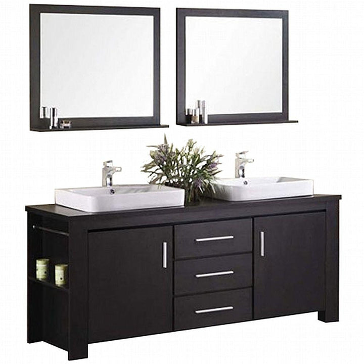 Washington 72" Double Sink Vanity with Wood Vanity Top and Mirror - Design Element Bath Kitchen - Bathroom Vanity - Espresso with Silver Satin Hardware