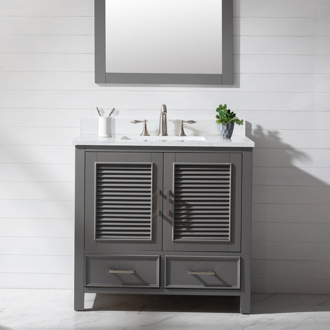 Estate 36" Single Vanity with White Quartz Top - Design Element Bath Kitchen - Bathroom Vanity - Gray with Silver Satin Hardware