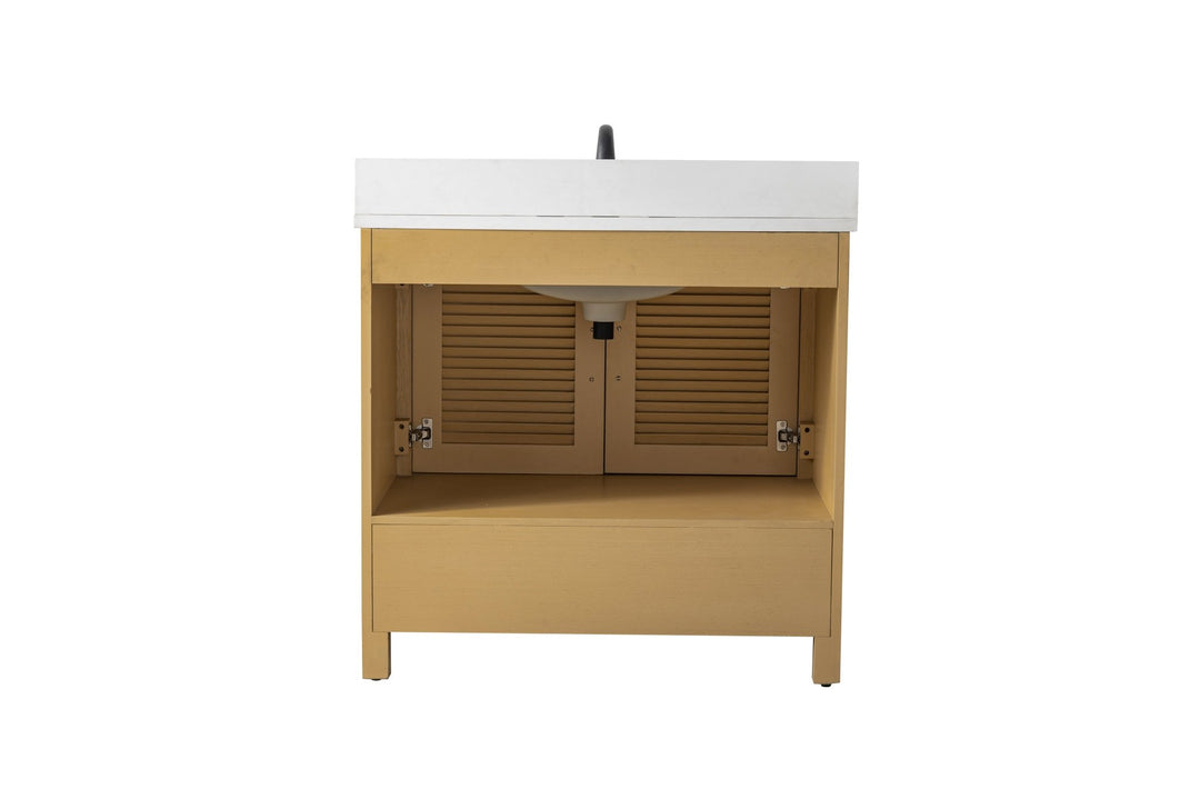 Estate 36" Single Vanity with White Quartz Top - Design Element Bath Kitchen - Bathroom Vanity - Golden Oak with Matte Black Hardware