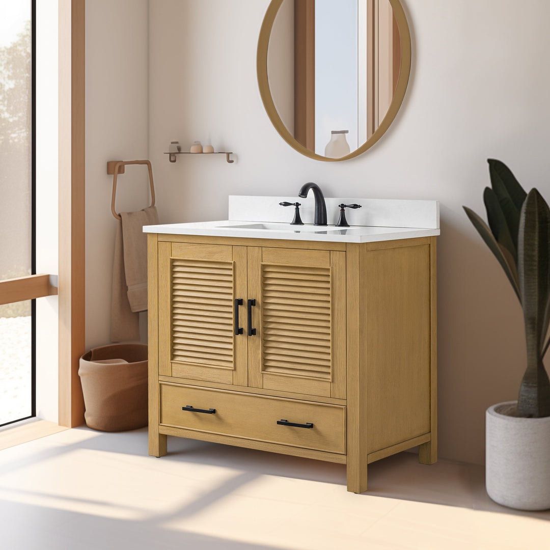 Estate 36" Single Vanity with White Quartz Top - Design Element Bath Kitchen - Bathroom Vanity - Golden Oak with Matte Black Hardware