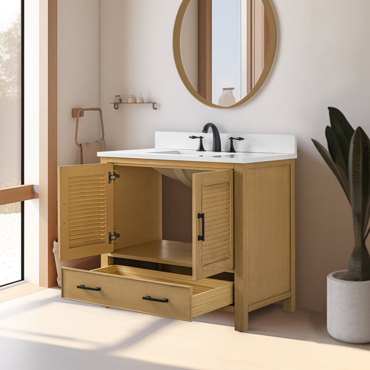 Estate 36" Single Vanity with White Quartz Top - Design Element Bath Kitchen - Bathroom Vanity - Golden Oak with Matte Black Hardware