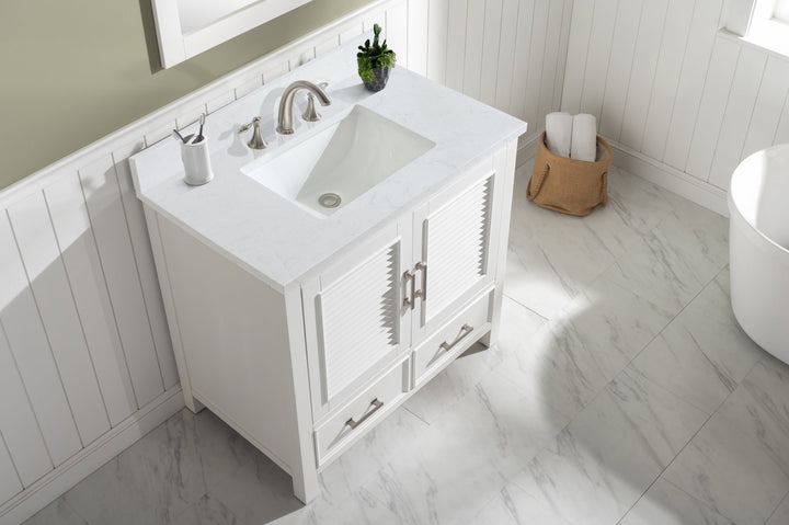 Estate 36" Single Vanity with White Quartz Top - Design Element Bath Kitchen - Bathroom Vanity - Golden Oak with Matte Black Hardware