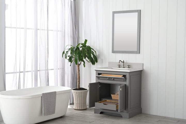 Milano 30" Single Sink Vanity with White Quartz Top - Design Element Bath Kitchen - Bathroom Vanity - Navy with Satin Gold Hardware