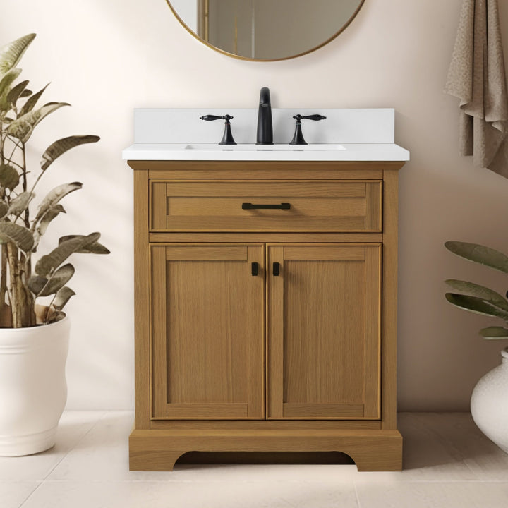 Milano 30" Single Sink Vanity with White Quartz Top - Design Element Bath Kitchen - Bathroom Vanity - White with Silver Satin Hardware