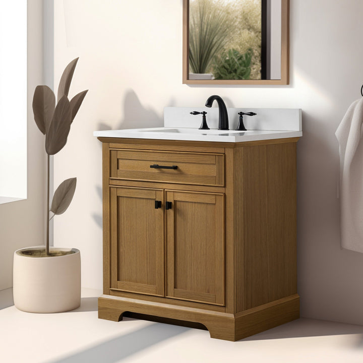 Milano 30" Single Sink Vanity with White Quartz Top - Design Element Bath Kitchen - Bathroom Vanity - White with Silver Satin Hardware