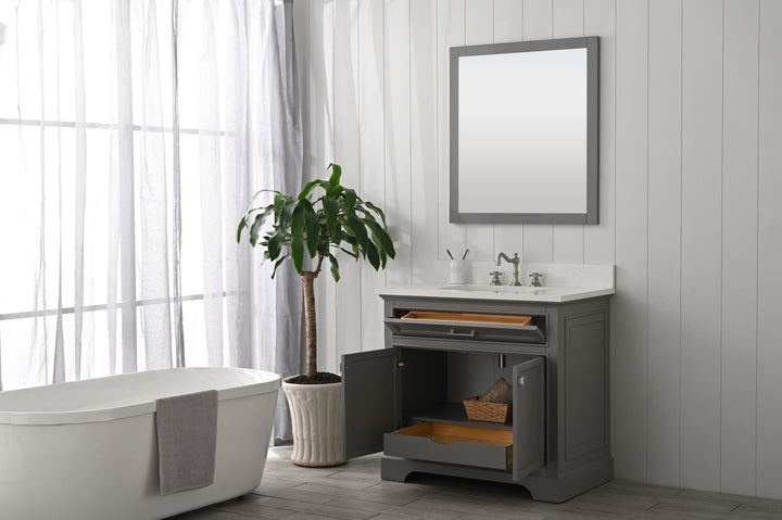 Milano 36" Single Sink Vanity with White Quartz Top - Design Element Bath Kitchen - Bathroom Vanity - Navy with Satin Gold Hardware
