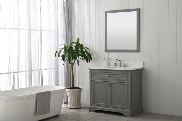 Milano 36" Single Sink Vanity with White Quartz Top - Design Element Bath Kitchen - Bathroom Vanity - Navy with Satin Gold Hardware