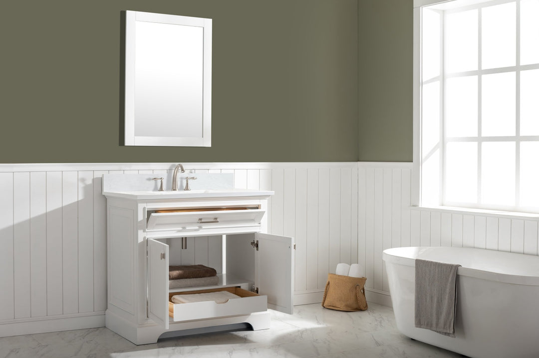 Milano 36" Single Sink Vanity with White Quartz Top - Design Element Bath Kitchen - Bathroom Vanity - Navy with Satin Gold Hardware