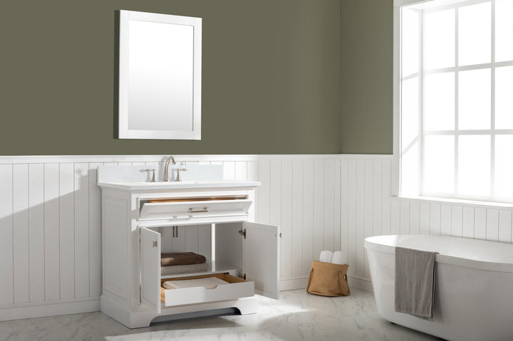 Milano 36" Single Sink Vanity with White Quartz Top - Design Element Bath Kitchen - Bathroom Vanity - Navy with Satin Gold Hardware