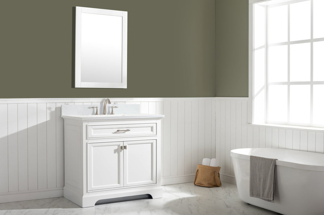 Milano 36" Single Sink Vanity with White Quartz Top - Design Element Bath Kitchen - Bathroom Vanity - Navy with Satin Gold Hardware