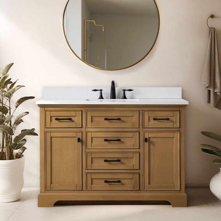 Milano 48" Single Sink Vanity with White Quartz Top - Design Element Bath Kitchen - Bathroom Vanity - Navy with Satin Gold Hardware