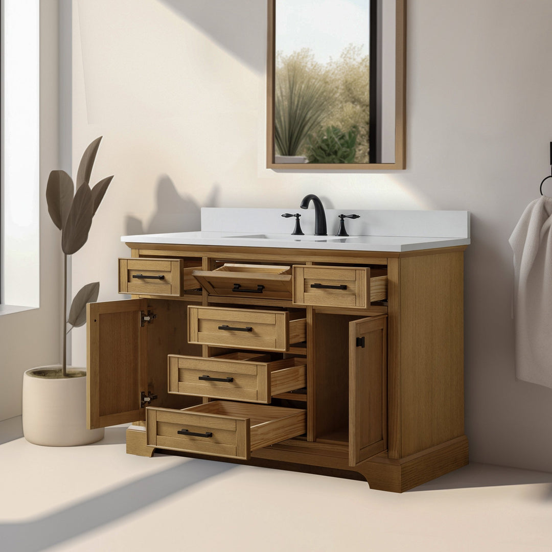 Milano 48" Single Sink Vanity with White Quartz Top - Design Element Bath Kitchen - Bathroom Vanity - Navy with Satin Gold Hardware