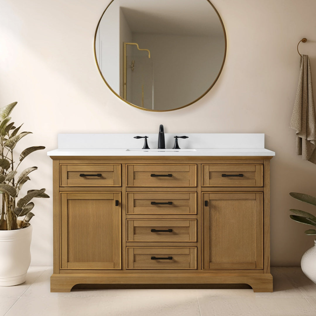 Milano 54" Single Sink Vanity with White Quartz Top - Design Element Bath Kitchen - Bathroom Vanity - Heritage Oak with Matte Black Hardware