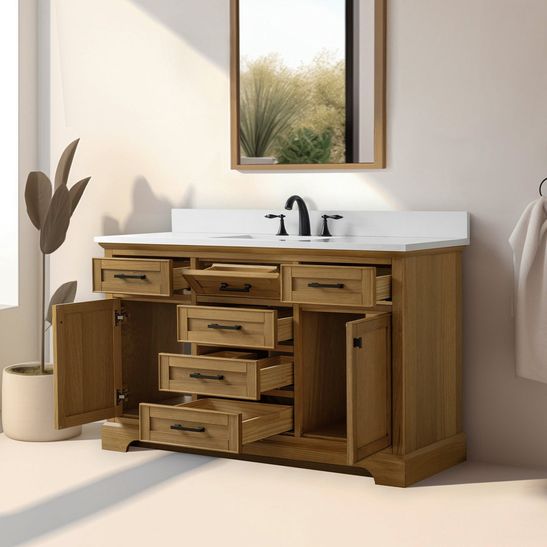 Milano 54" Single Sink Vanity with White Quartz Top - Design Element Bath Kitchen - Bathroom Vanity - Navy with Satin Gold Hardware