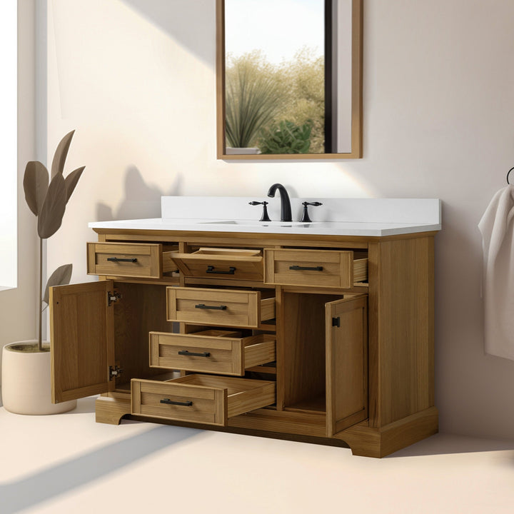 Milano 54" Single Sink Vanity with White Quartz Top - Design Element Bath Kitchen - Bathroom Vanity - Navy with Satin Gold Hardware