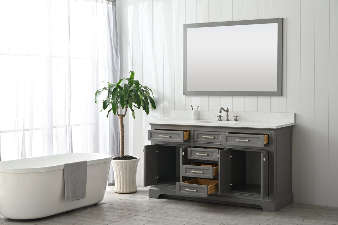 Milano 60" Single Sink Vanity with White Quartz Top - Design Element Bath Kitchen - Bathroom Vanity - Heritage Oak with Matte Black Hardware