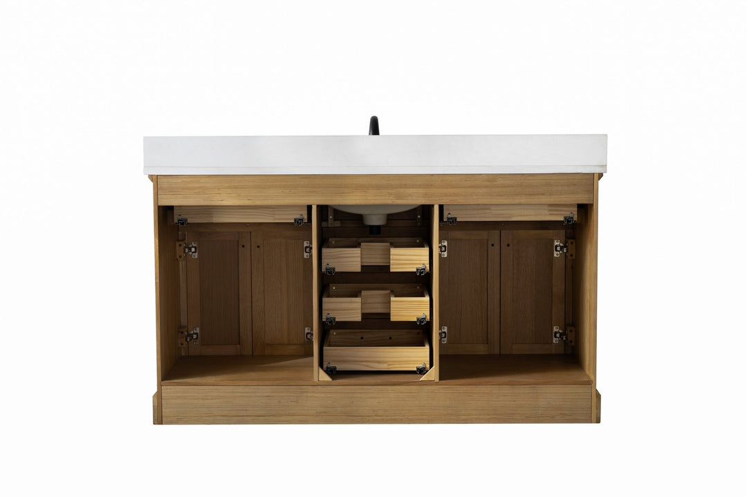 Milano 60" Single Sink Vanity with White Quartz Top - Design Element Bath Kitchen - Bathroom Vanity - Heritage Oak with Matte Black Hardware