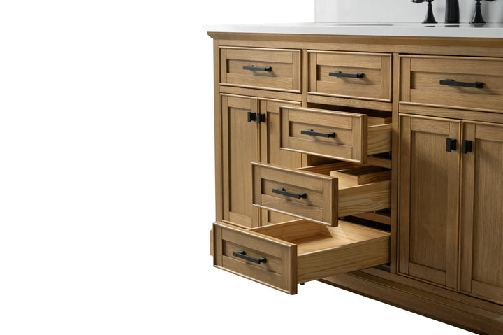 Milano 60" Single Sink Vanity with White Quartz Top - Design Element Bath Kitchen - Bathroom Vanity - Heritage Oak with Matte Black Hardware