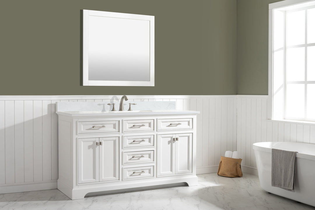 Milano 60" Single Sink Vanity with White Quartz Top - Design Element Bath Kitchen - Bathroom Vanity - Heritage Oak with Matte Black Hardware