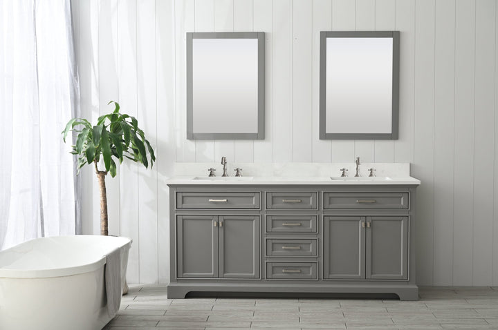 Milano 72" Double Sink Vanity with White Quartz Top - Design Element Bath Kitchen - Bathroom Vanity - Navy with Satin Gold Hardware