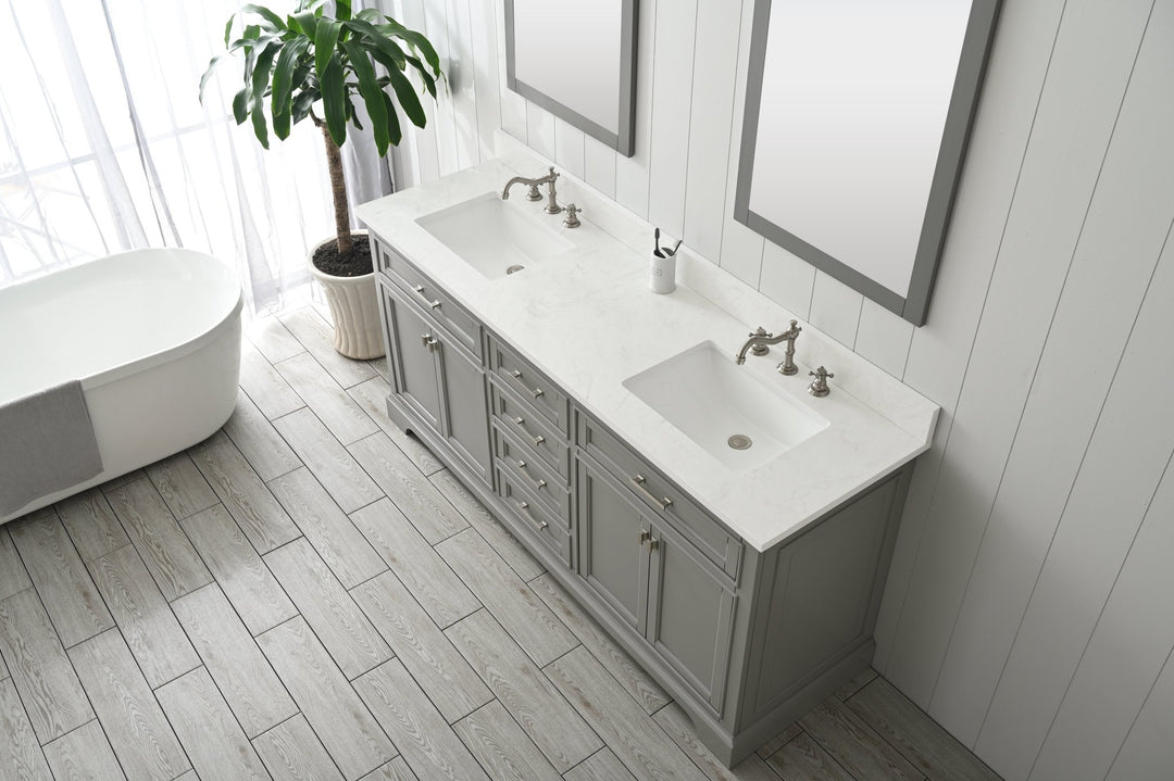 Milano 72" Double Sink Vanity with White Quartz Top - Design Element Bath Kitchen - Bathroom Vanity - Navy with Satin Gold Hardware