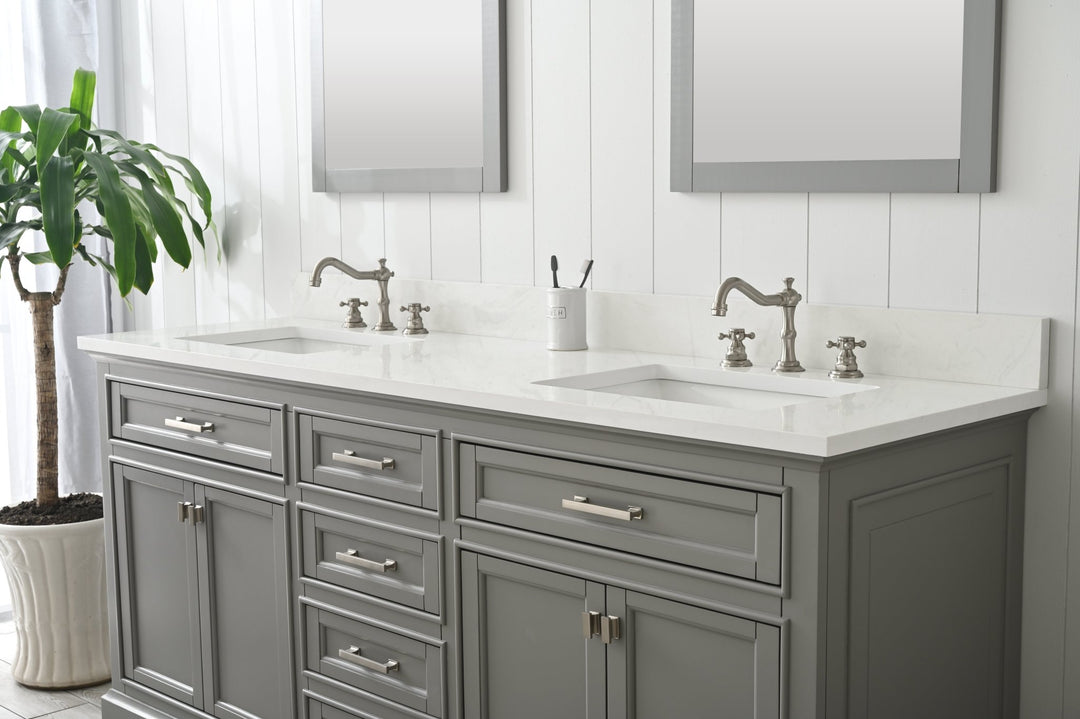 Milano 72" Double Sink Vanity with White Quartz Top - Design Element Bath Kitchen - Bathroom Vanity - Navy with Satin Gold Hardware