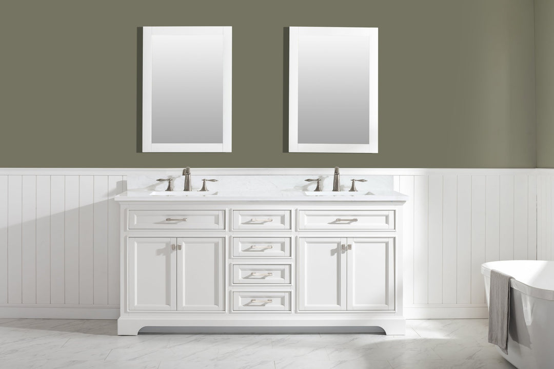 Milano 72" Double Sink Vanity with White Quartz Top - Design Element Bath Kitchen - Bathroom Vanity - Navy with Satin Gold Hardware
