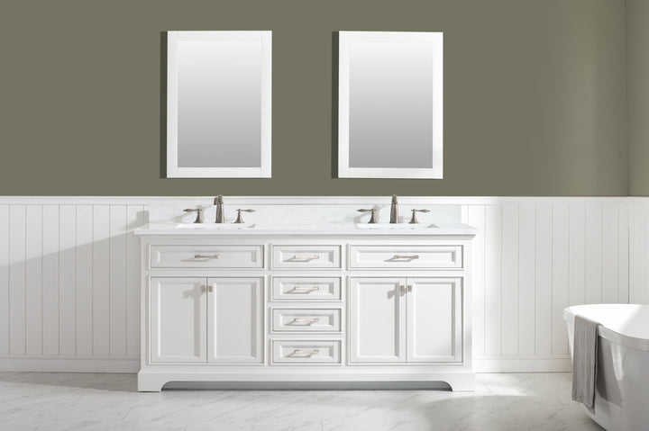Milano 72" Double Sink Vanity with White Quartz Top - Design Element Bath Kitchen - Bathroom Vanity - Navy with Satin Gold Hardware