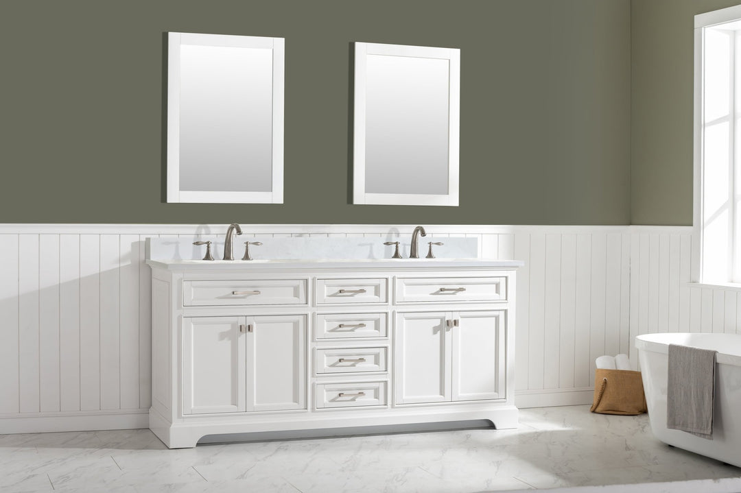 Milano 72" Double Sink Vanity with White Quartz Top - Design Element Bath Kitchen - Bathroom Vanity - Navy with Satin Gold Hardware