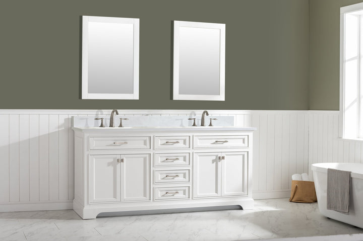 Milano 72" Double Sink Vanity with White Quartz Top - Design Element Bath Kitchen - Bathroom Vanity - Navy with Satin Gold Hardware