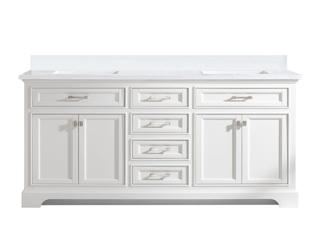 Milano 72" Double Sink Vanity with White Quartz Top - Design Element Bath Kitchen - Bathroom Vanity - Navy with Satin Gold Hardware