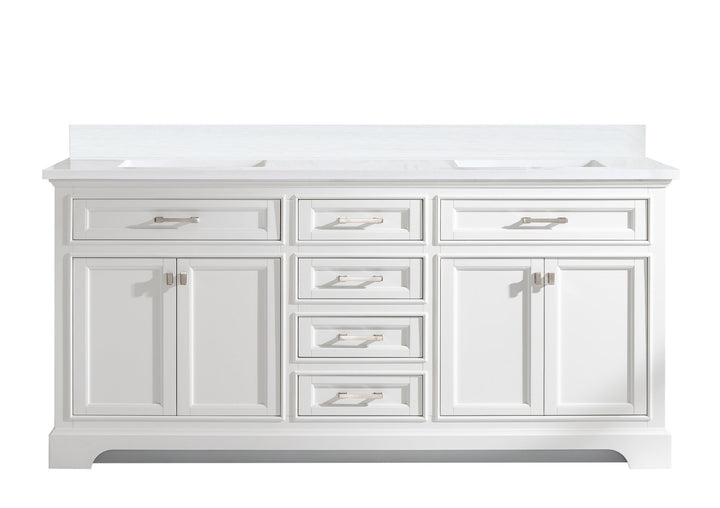 Milano 72" Double Sink Vanity with White Quartz Top - Design Element Bath Kitchen - Bathroom Vanity - Navy with Satin Gold Hardware