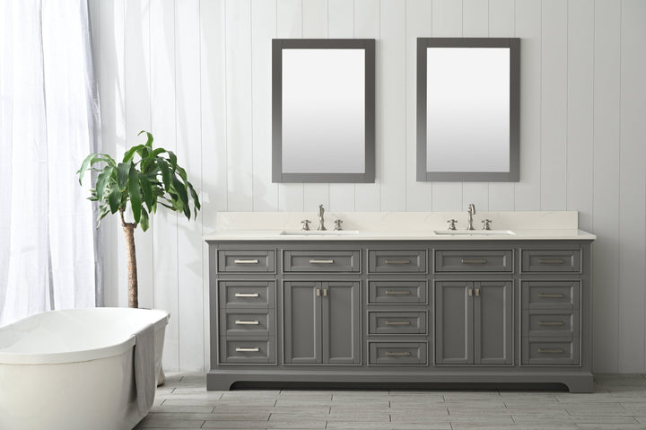 Milano 84" Double Sink Vanity with White Quartz Top - Design Element Bath Kitchen - Bathroom Vanity - Navy with Satin Gold Hardware