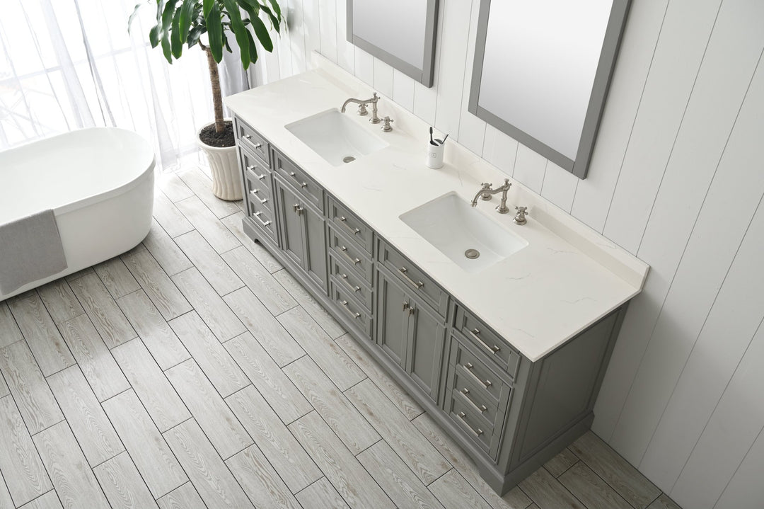 Milano 84" Double Sink Vanity with White Quartz Top - Design Element Bath Kitchen - Bathroom Vanity - Navy with Satin Gold Hardware