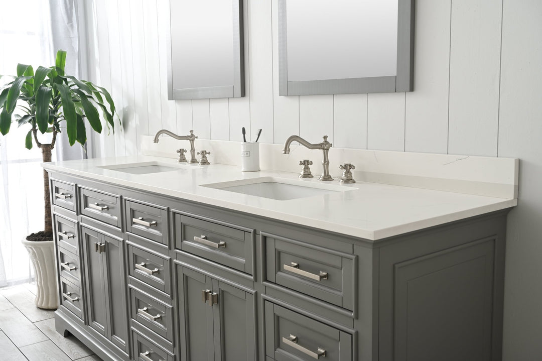 Milano 84" Double Sink Vanity with White Quartz Top - Design Element Bath Kitchen - Bathroom Vanity - Navy with Satin Gold Hardware